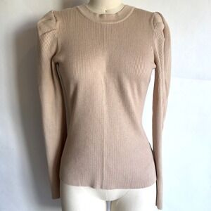 Greylin Felina Puff Sleeve Ribbed Knit Crew Neck Slim Fitting Top-Beige-Size Sml